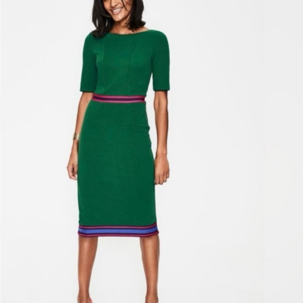 Boden Kaia Ottoman Green Midi Dress with Striped Hem size 6